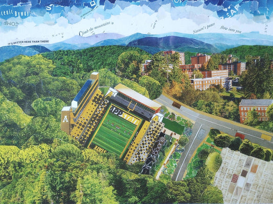 App State football field, Kidd Brewer Stadium, Boone NC, Appalachian State University, mountaineers, mountain life, collage art