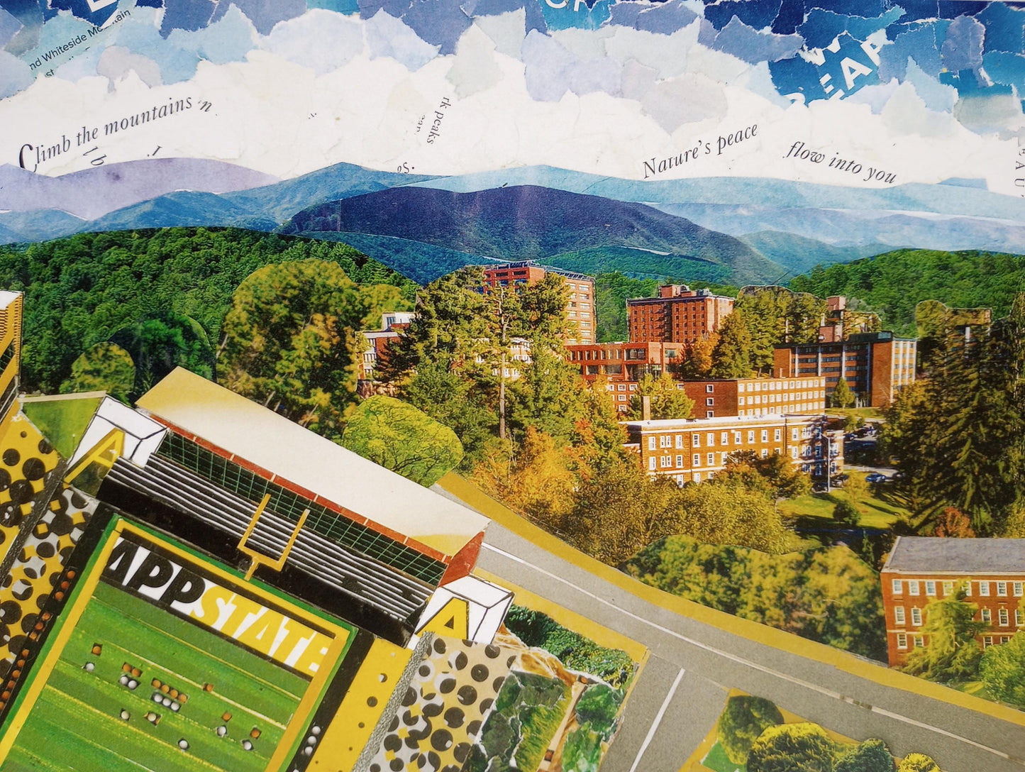 App State football field, Kidd Brewer Stadium, Boone NC, Appalachian State University, mountaineers, mountain life, collage art