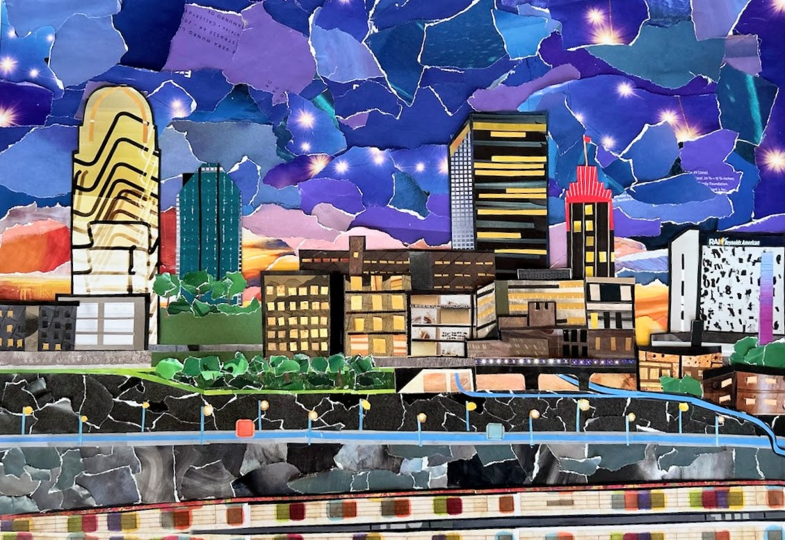 Skyscape of Winston Salem, Downtown Winston Salem Art, Bailey Park Print, purple sky collage,